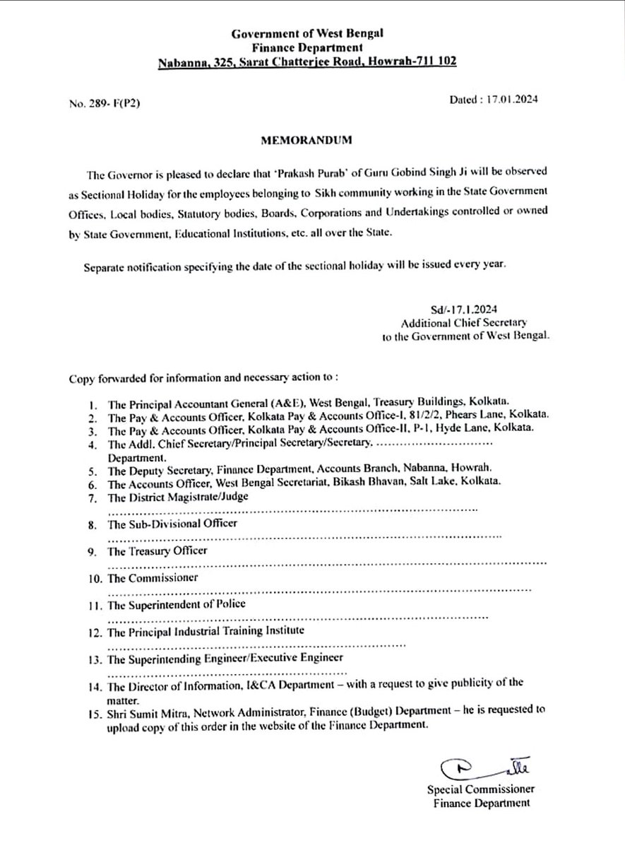 Glad to announce that henceforth the 'Prakash Purab' of Shri Guru Gobind Singhji will be a sectional holiday for all state government employees, teachers, panchayat and municipal employees, state boards, corporations and undertakings employees etc. of West Bengal belonging to the…