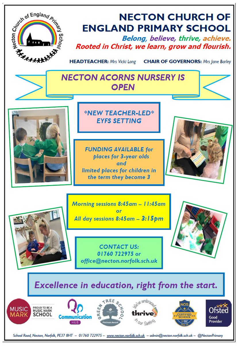 NectonPrimary's tweet photo. 👏Necton Primary School - Acorns Nursery is now OPEN! 🥳 *** FUNDED PLACES AVAILABLE***
If you are interested in a place for your child, please contact us: office@necton.norfolk.sch.uk or 01760 722975 https://t.co/bAh5cXT4iI