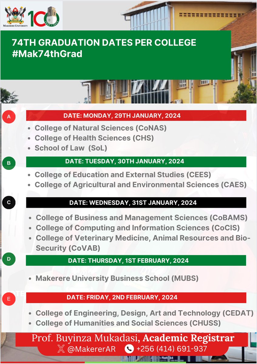 #Mak74thGrad 74th Graduation Week Schedule is here for those who might be wondering when their College will be graduating 👇 @DICTSMakerere @Makerere @MakerereNews @OfficialMubs @mubs_unit @MakerereLibrary @MakGuild @26guild @BUYINZAMUKADAS1 @MakerereLaw @MakSPH @MCFMakerere