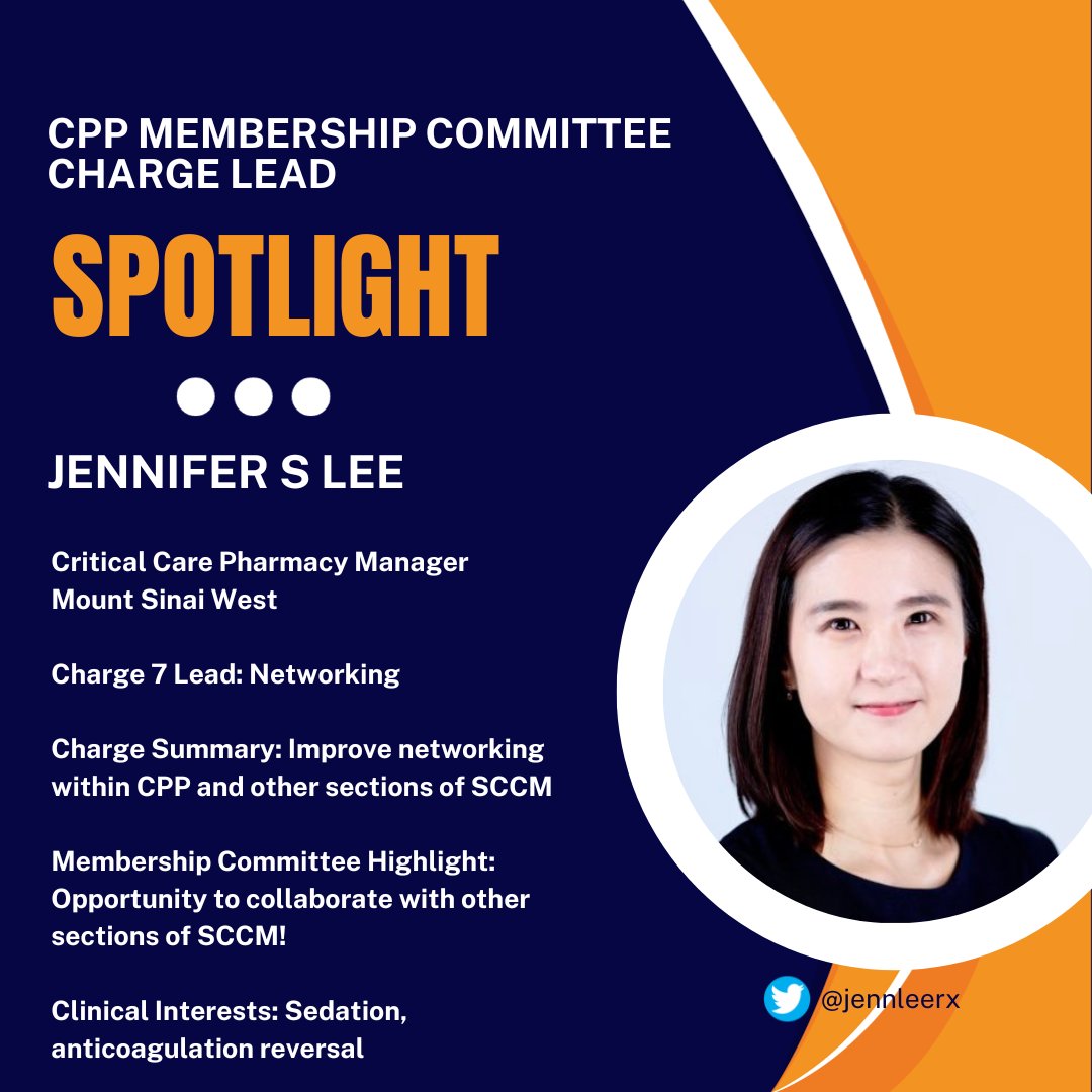 <a href="/SCCM_CPP/">SCCM Clinical Pharmacy and Pharmacology Section</a> Membership Committee Charge Lead Introduction 📣 

Jennifer S. Lee (<a href="/jennleerx/">Jennifer S Lee</a>) works on Charge 7 - Networking. Her favorite part of the Membership Committee is the opportunity to collaborate with other sections of SCCM! 🌟

#PharmICU