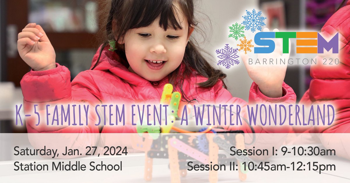 barrington220's tweet photo. All K-5 students are invited to our K-5 Family STEM event on Jan 27! ❄️

Activities include robotic challenges, LEGO building, and an engineering challenge. #Unifiedfor50

REGISTER TODAY: https://t.co/xpCIdzTYHZ https://t.co/rMxvMZ6c5H