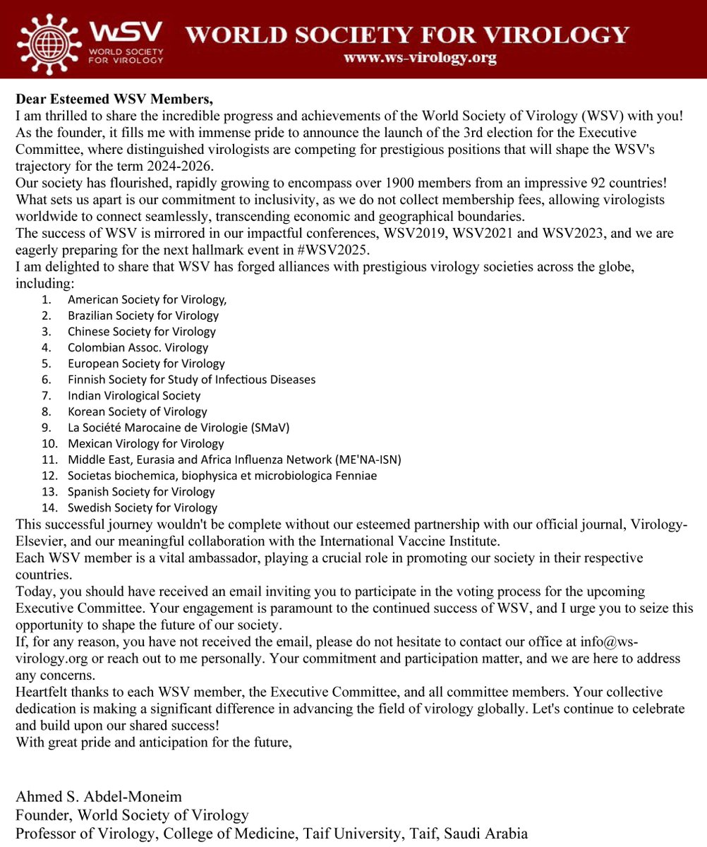 Letter from the founder Prof. Ahmed S. Abdel-Moneim Please share - RT @a_s_abdelmoneim @covaciencia @MarianaBaz2 @lab_jouvenet @sbviro #WSVirology #WSV2025 @sev_virologia @covaciencia @rosamdelangel @DirectorPI4D @macris_navas @FSpilki @edrybicki