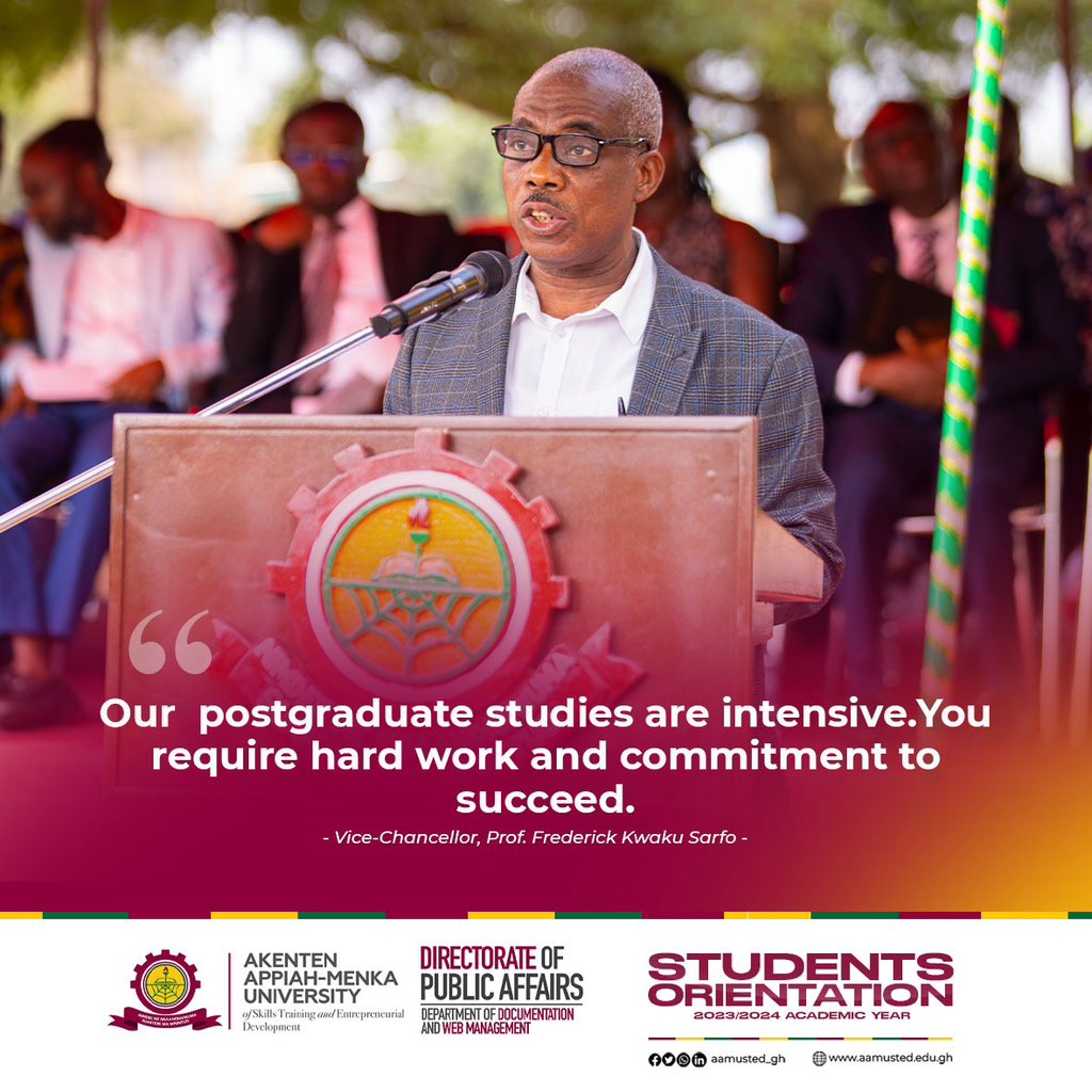 hawking_glow's tweet photo. Excerpts from the VC's speech at the orientation for fresh students at AAMUSTED.
#WelcomeToAAMUSTED
#FreshersOrientation
2/2 https://t.co/3QbYRDUpGc