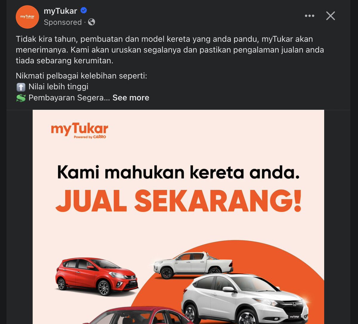 Besarkan apa yang kamu jual,
Kecilkan apa jenama kamu.

Keypoints:
'sekarang'
imej kereta-kereta marhaen
tidak semua perkataan pakai Caps Lock
Copywriting terus strike
warna oren tangkap perhatian, tidak gloomy
bahasa Melayu, supaya audience lebih luas