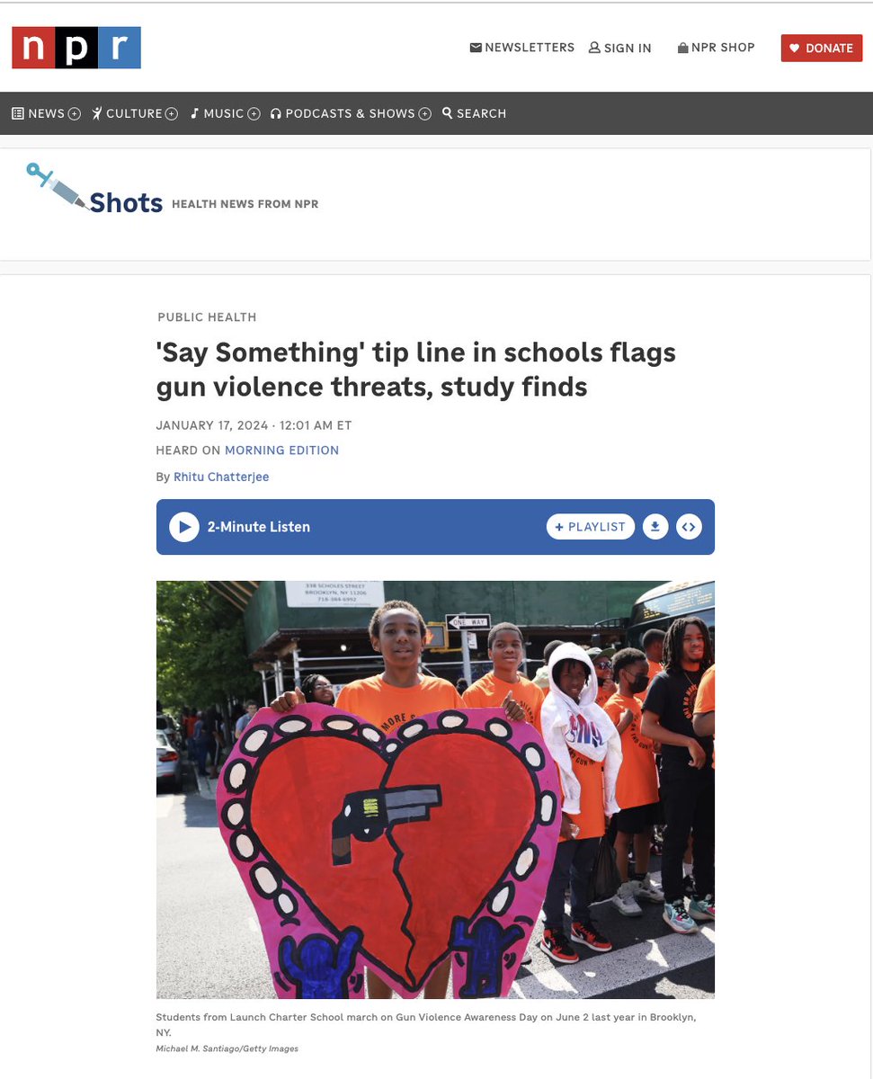 Elyse Thulin PhD^2, MSc (@ejthulin) on Twitter photo #Research pub alert on firearm-related tips in schools to #prevent #firearm injury and #violence - featured on <a href="/NPRHealth/">NPR Health News</a> <a href="/MorningEdition_/">NPR MorningEdition</a>
Co-authors include <a href="/JustinHeinzePhD/">Justin E Heinze</a> Alex French, Libby Messman, and Rachel Masi <a href="/sandyhook/">Sandy Hook Promise</a> <a href="/umichsph/">University of Michigan School of Public Health</a> <a href="/UMich/">University of Michigan</a> <a href="/PRCMI/">PRC Michigan</a> #violenceprevention #Research pub alert on firearm-related tips in schools to #prevent #firearm injury and #violence - featured on <a href="/NPRHealth/">NPR Health News</a> <a href="/MorningEdition_/">NPR MorningEdition</a>
Co-authors include <a href="/JustinHeinzePhD/">Justin E Heinze</a> Alex French, Libby Messman, and Rachel Masi <a href="/sandyhook/">Sandy Hook Promise</a> <a href="/umichsph/">University of Michigan School of Public Health</a> <a href="/UMich/">University of Michigan</a> <a href="/PRCMI/">PRC Michigan</a> #violenceprevention