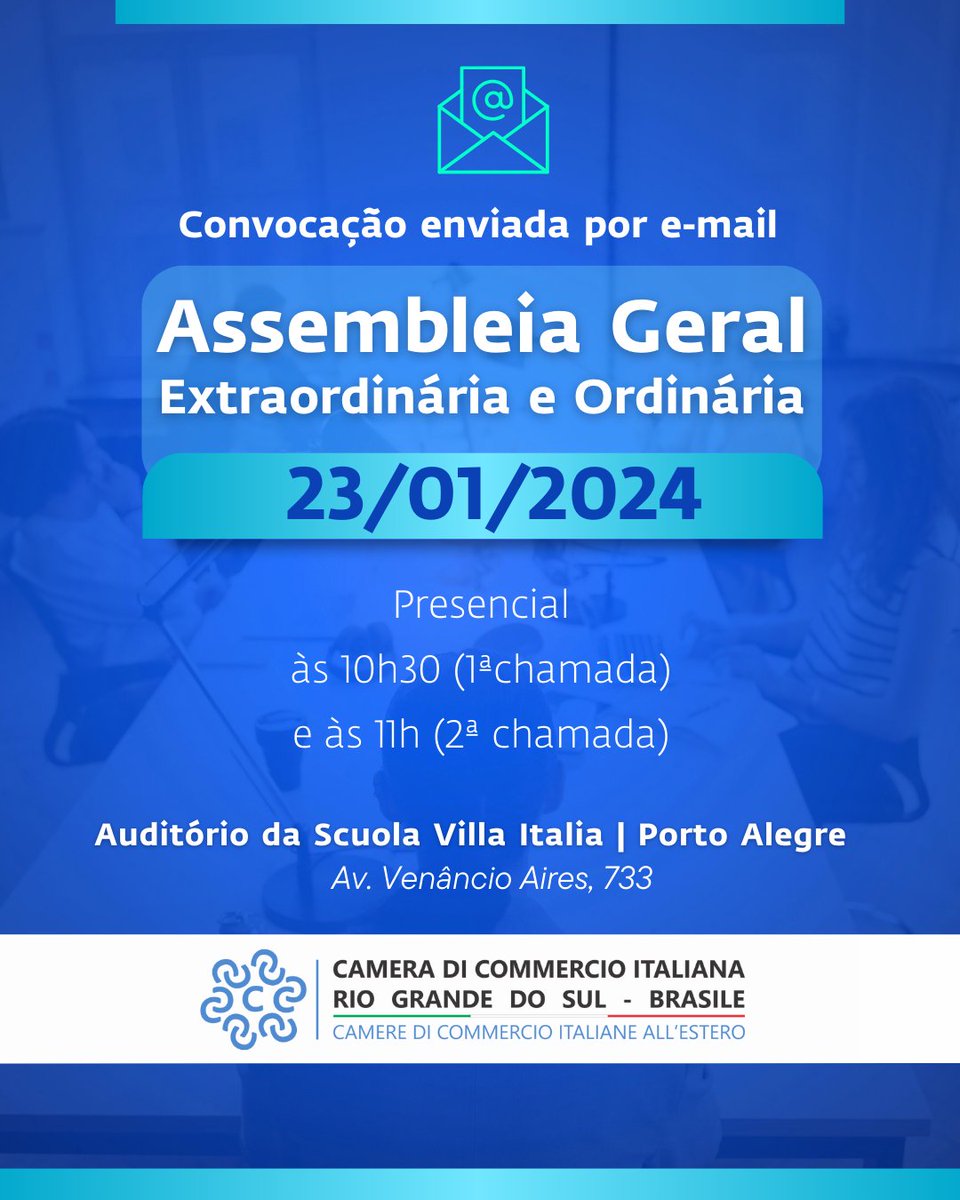 Na próxima terça-feira (23), exclusiva aos associados da Câmara Italiana.

Na Assembleia serão apresentadas a prestação de contas de 2023, as atividades e projetos envolvidos e desenvolvidos no período, entre outros assuntos de interesse do encontro.