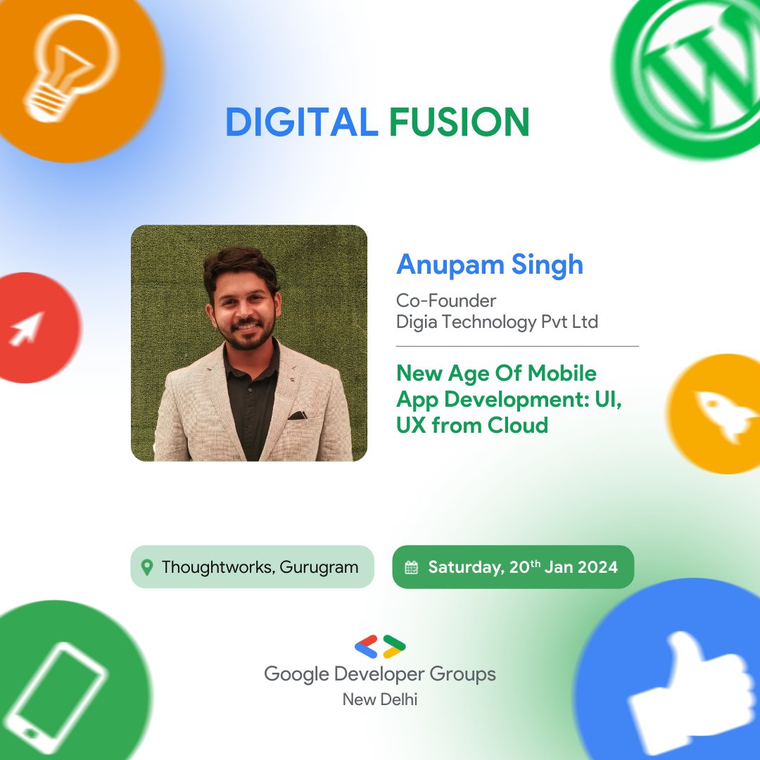 gdg_nd's tweet image. Join us this Saturday at #GDGNewDelhi&apos;s #DesignFusion! @AnupamSingh0211, Co-Founder at Digia Tech, will dive into the new age of mobile app development with UI, UX from the cloud. 🚀 Don&apos;t miss it!