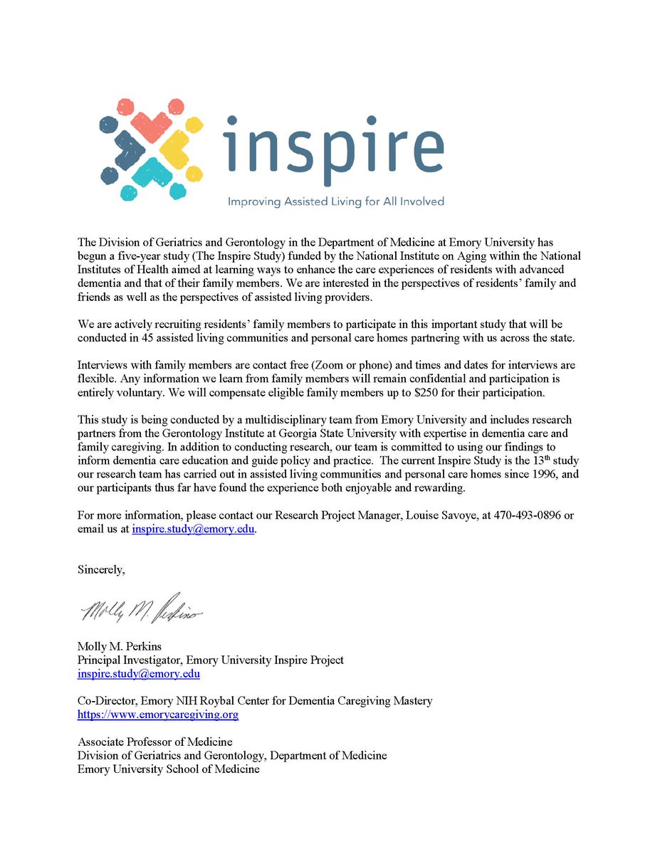 InspireStudyEU's tweet image. Are you caring for a resident living with moderate to severe dementia in assisted living (general assisted living, memory care community, or personal care home) in the state of Georgia? We invite you to participate in our innovative research study.