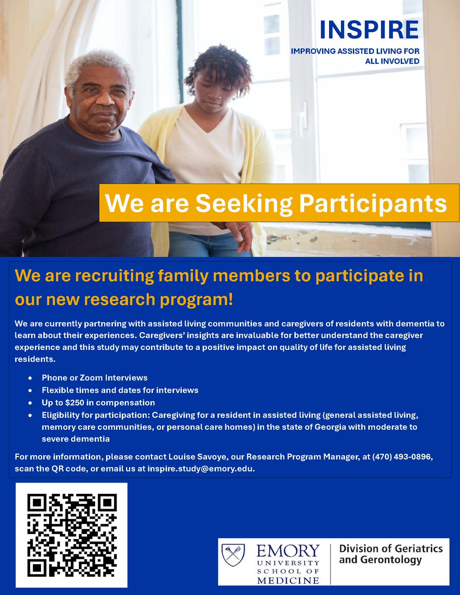 InspireStudyEU's tweet image. Are you caring for a resident living with moderate to severe dementia in assisted living (general assisted living, memory care community, or personal care home) in the state of Georgia? We invite you to participate in our innovative research study.