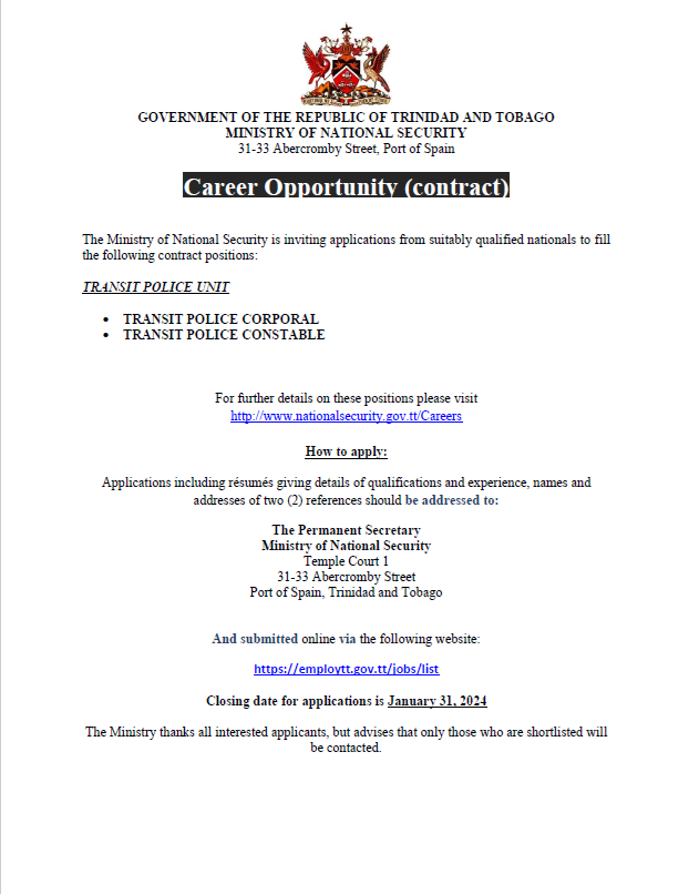 tt_homelandsec's tweet image. VACANCY NOTICE - Transit Police Unit