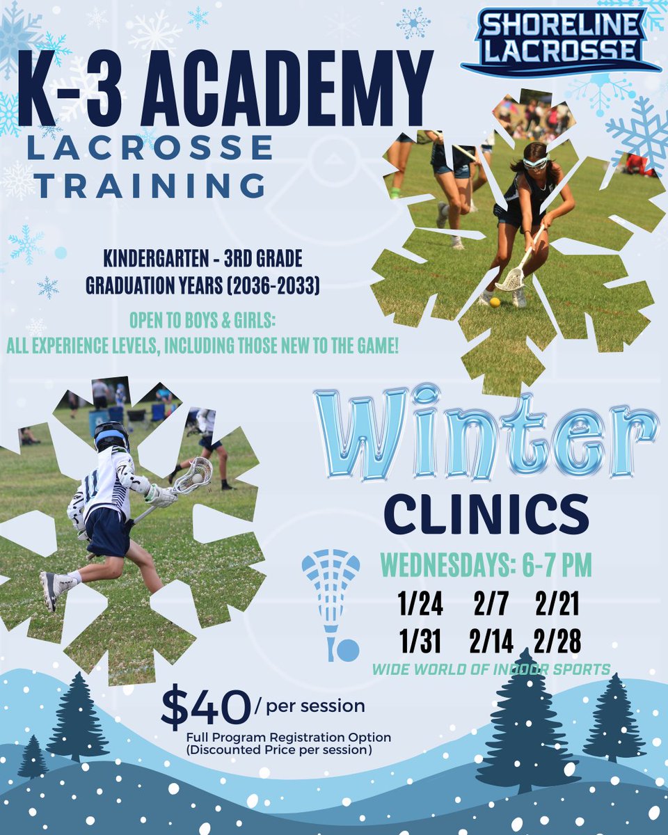 Our K-3 Academy is back for the winter season ❄️ Clinics start next week! 

Register for all 6 sessions or individually using the link in our bio!

shorelinelacrosse.leagueapps.com/classes/413660…