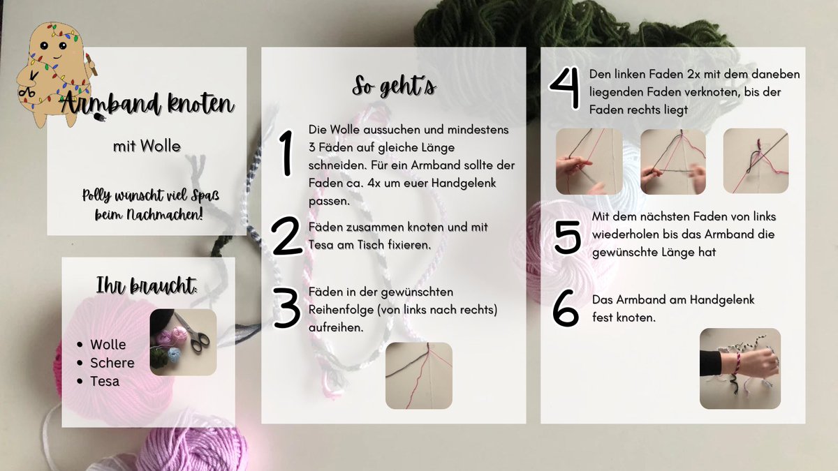 cozy_potatoes's tweet image. Hier haben wir eine #Anleitung zum #Armband knoten mit #Wolle, wenn #zuhause die Zeit nicht rum geht.🧶🕖 Ihr könnt die Fäden auch kürzer schneiden und einen #Anhänger basteln.✂️