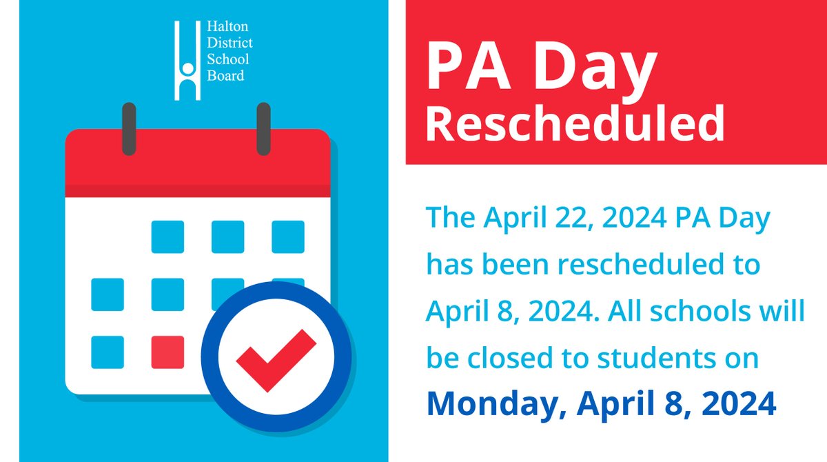 NEWS RELEASE🗞️: Professional Activity Day for HDSB and HCDSB Rescheduled to Monday, April 8, 2024 

➡️Read more: bit.ly/3vHhvh9