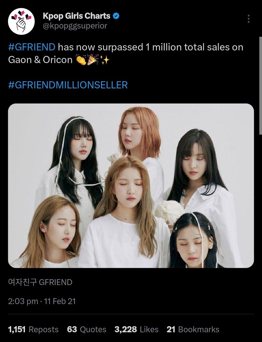 gfriend is the FIRST GIRL GROUP outside big3/4 to be a million seller w/o even counting in other factors (merch, tours, &amp; etc.) and ur saying they're not selling nor bringing anything into soumu's silver platter is just delusion 😭