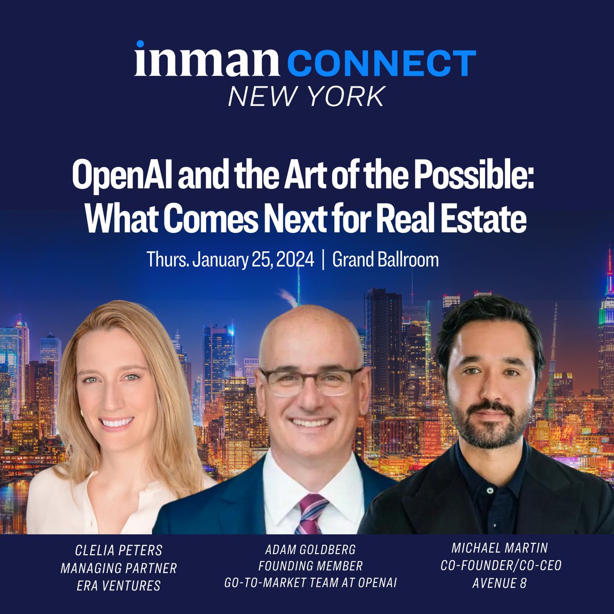 Inman's tweet image. 🌟 Don't miss 'OpenAI and the Art of the Possible' at #ICNY on Jan. 25! Explore AI's impact on real estate with special guests Adam Goldberg from OpenAI and broker Michael Martin of Avenue 8. 
Moderated by Clelia Warburg Peters. 🗓️ Register now: events.inman.com/inman-connect-…