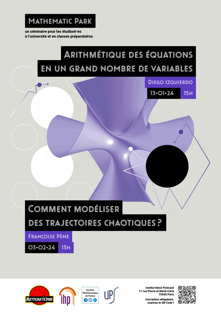 Prochain exposé Mathématic Park - Institut Henri Poincaré (11 rue Pierre et Marie Curie à Paris) - 15h le samedi 3 février 2024.  

Françoise Pène (Université de Brest) : Comment modéliser des trajectoires chaotiques ?

prepas.org/index.php?arti……

@SocMathFr

<a href="/InHenriPoincare/">IHP</a>