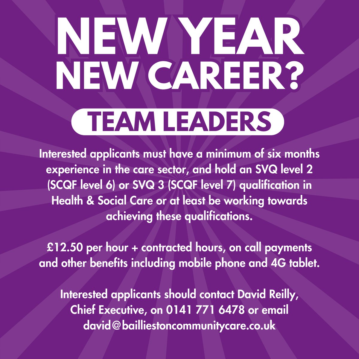 Baillieston Community Care|Extended Personal Care (@bailliestoncare) on Twitter photo We are currently looking for Team Leaders to enhance our Care at Home team.
Please see graphic for full details including requirements, rate and benefits.
Interested applicants should contact David Reilly, CEO, on 0141 771 6478 or email david@bailliestoncommunitycare.co.uk We are currently looking for Team Leaders to enhance our Care at Home team.
Please see graphic for full details including requirements, rate and benefits.
Interested applicants should contact David Reilly, CEO, on 0141 771 6478 or email david@bailliestoncommunitycare.co.uk