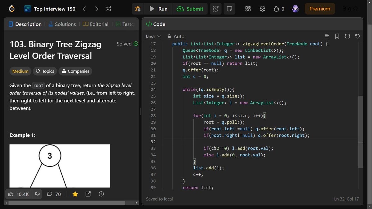 nehathecoder's tweet image. Day 93 of #100DaysOfCode
🌟Recursion :
Did 0/1 knapsack problem using recursion 🔁
🌟DSA :
✅ Binary Tree Zigzag Level Order Traversal
✅ Binary Search Tree Iterator
✅ Reverse First K elements of Queue
✅ Insertion Sort for Singly Linked List
#coding