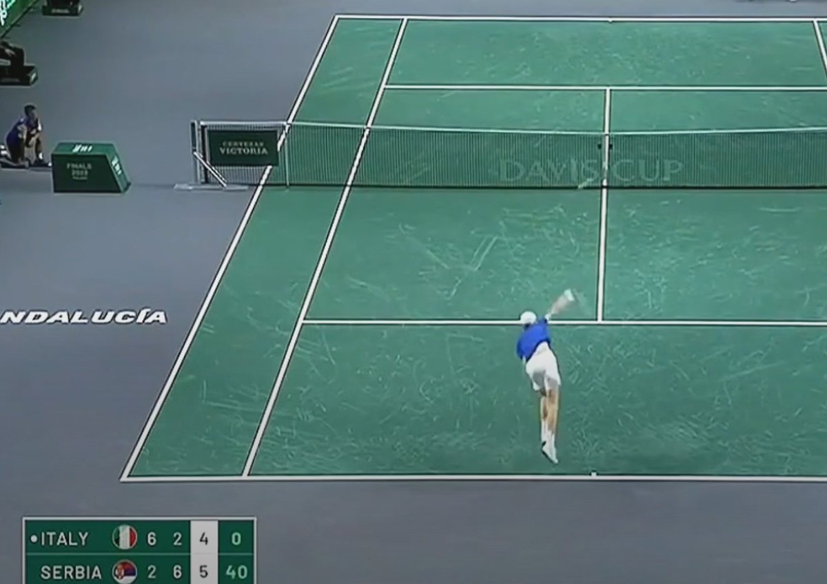 RelevantTennis's tweet photo. Since this moment, and this win, Jannik Sinner has not lost a set yet. 🇮🇹

6-3 6-0 to De Minaur (Davis Cup Final)
6-4 6-0 to Polmans (Kooyong Classic)
6-2 6-3 to Ruud 
6-4 7-5 6-3 to VDZ (Australian Open)
6-2 6-2 6-2 to De Jong

12-0 and an average of 2.5 games lost per set. https://t.co/k2VogQxrzg