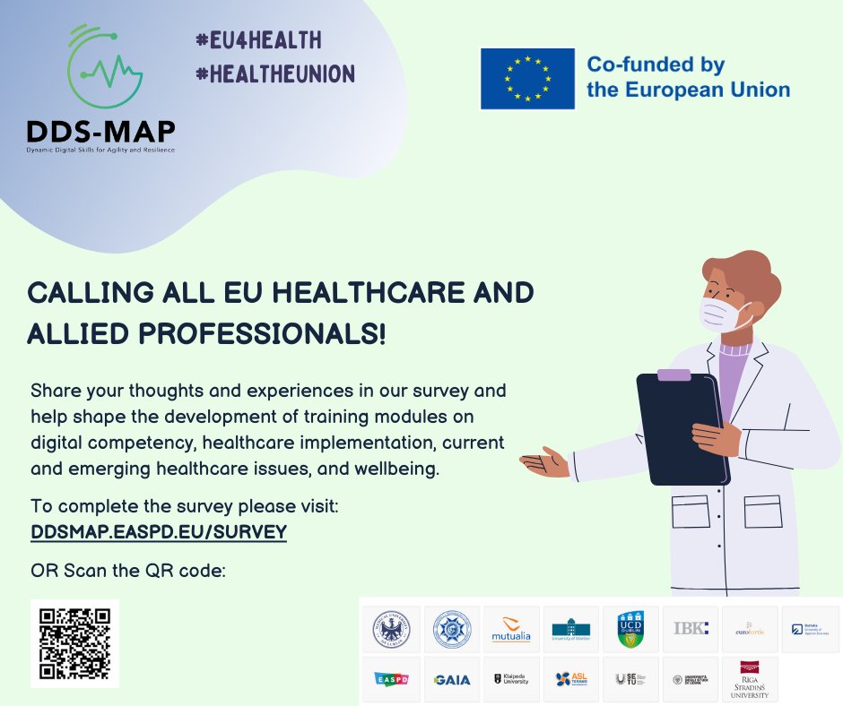 The #EU4Health project DDS-MAP is conducting an EU-wide survey for healthcare workers. Your insights will shape the future of digital skills, implementation & wellbeing in the EU 🇪🇺 🌐Contribute now by taking a short, anonymous survey bit.ly/47GXowG #HealthcareSurvey