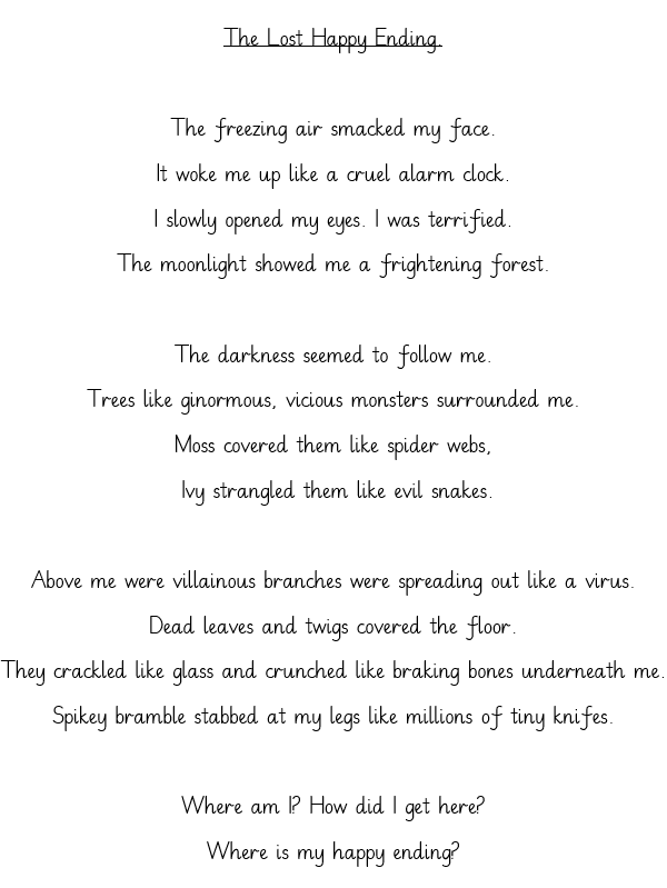 year5whiteways's tweet photo. In Literacy we have been looking at the story 'The Lost Happy Endings.' We have created a shared poem using descriptive language we generated from our trip to forest school. https://t.co/eMdfd5CrbT
