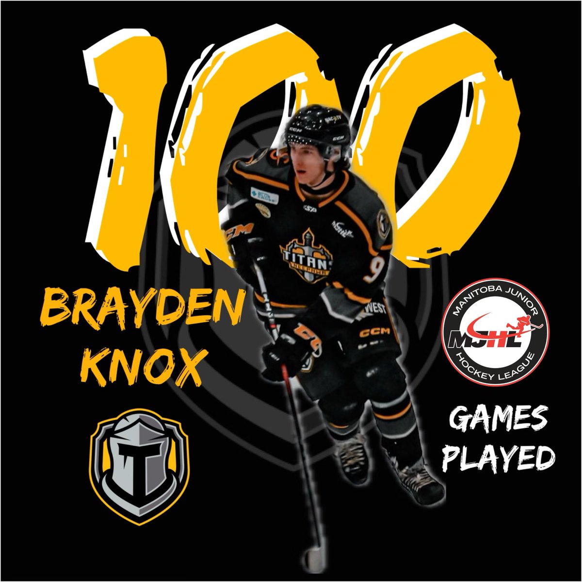 ‼️Milestone‼️

Congratulations to Brayden Knox who recently played his 100th <a href="/mjhlhockey/">MJHL</a> game. 👏 🥅🏒

#WeAreTitans⚔️
