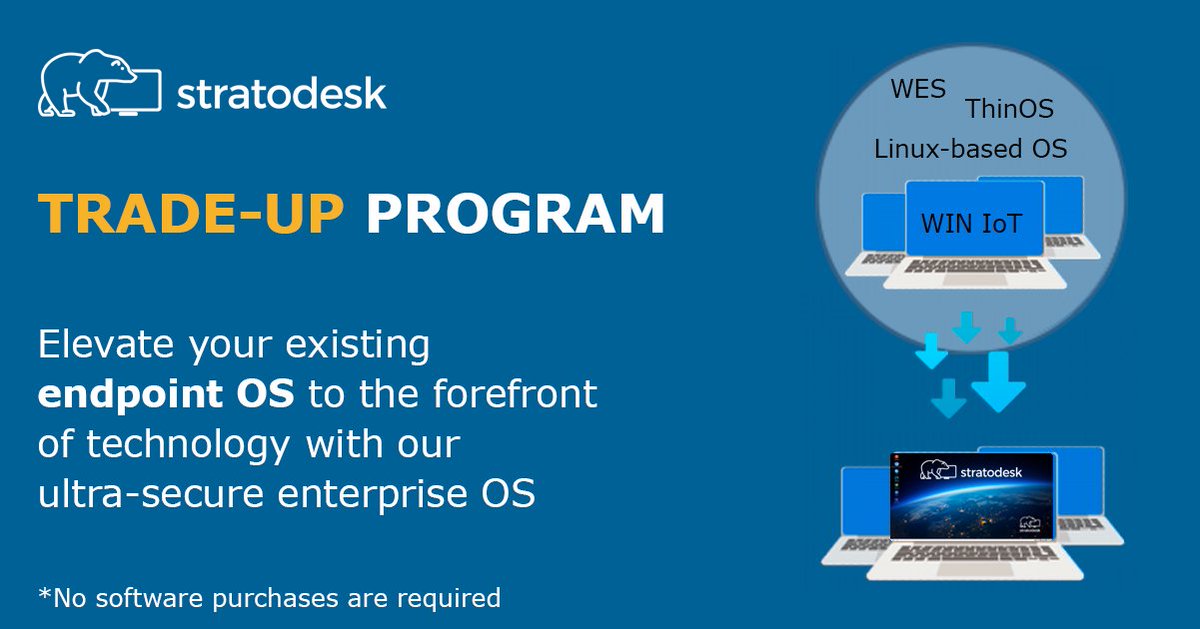 Take advantage of #Stratodesk's exclusive trade-up program to effortlessly replace your current edge OS with the most secure, highest-performing enterprise OS.

Learn about the program 👉 bit.ly/3O5IqcK

#UpgradeYourOS #AdvancedEnterpriseOS #TradeUpProgram #NoTouchOS