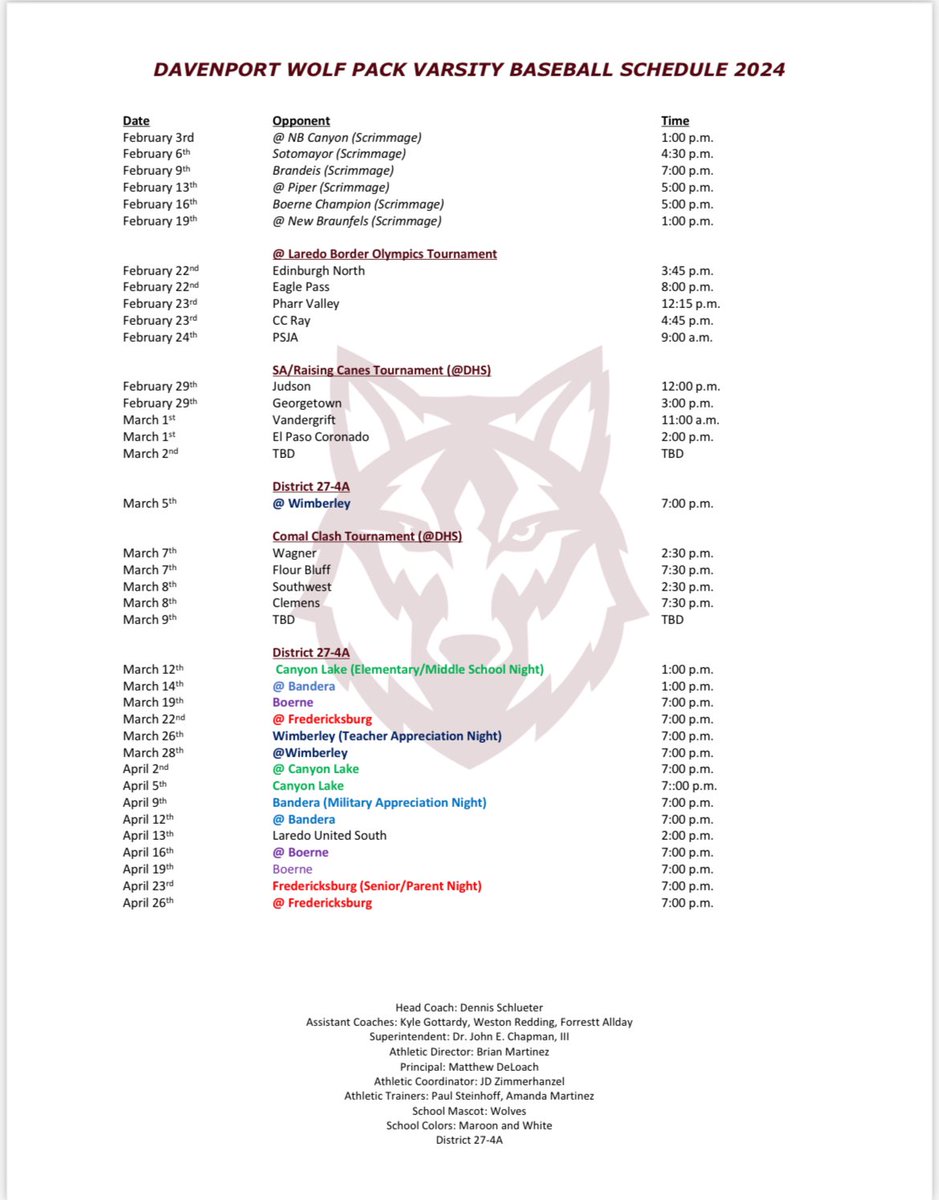 2024 Varsity Baseball Schedule! It’s almost GO time! The Pack is ready to go! 🐺⚾️ <a href="/BuildThePack/">BuildThePack</a> <a href="/DavenportWolves/">DHS Wolves Athletics</a> <a href="/matthewsdeloach/">DeLoach</a> <a href="/BMar1842/">Brian Martinez</a> <a href="/jdzimmerhanzel/">JD Zimmerhanzel</a> <a href="/K_Gottardy12/">Kyle Gottardy</a> <a href="/GoingAllday/">Forrestt Allday</a> @WestonRedding <a href="/taylour_to5o/">Taylour Toso</a> <a href="/DrChapmanCISD/">Dr. John E. Chapman III - Comal ISD Superintendent</a> <a href="/cisdnews/">Comal ISD</a>