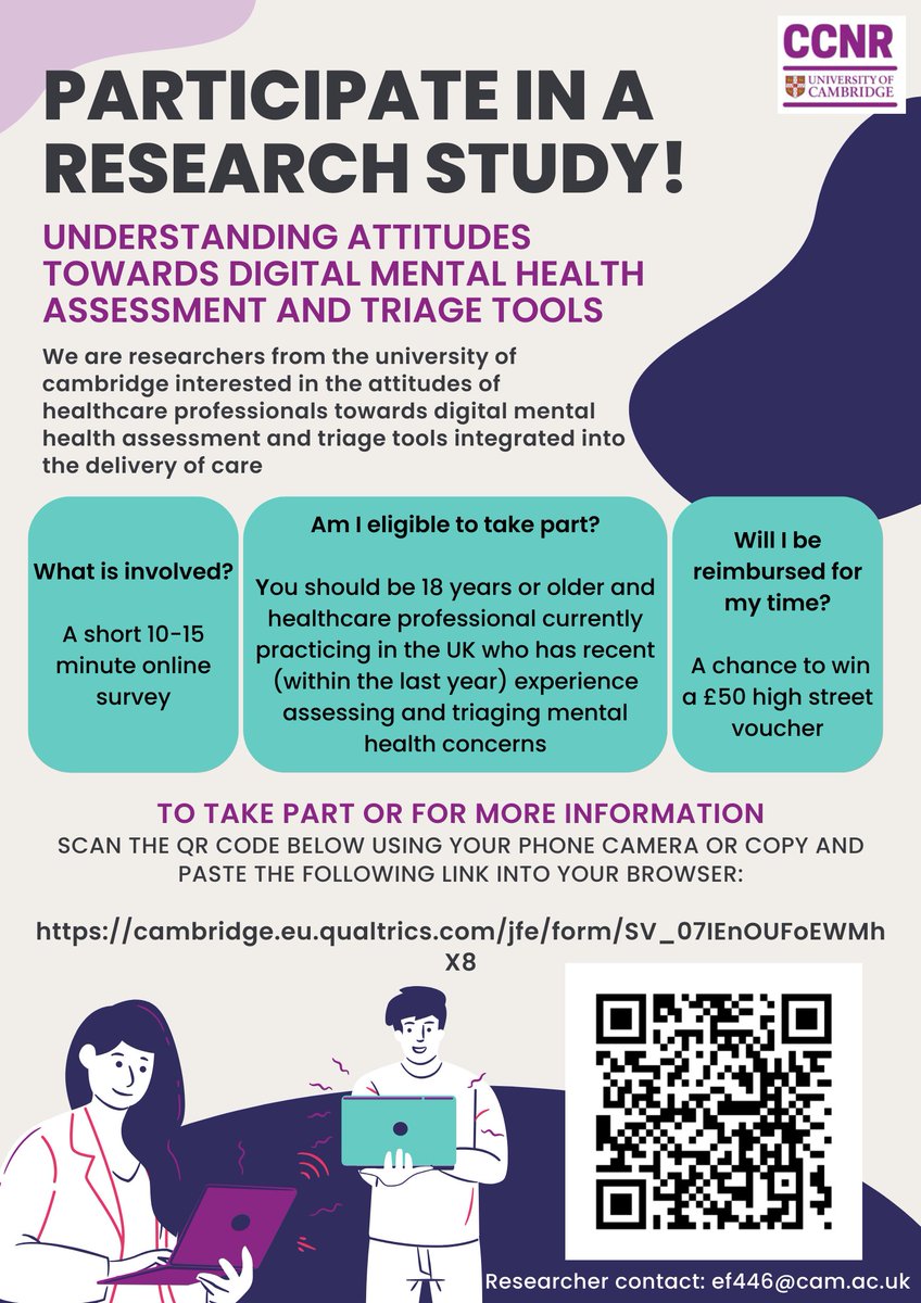 We’re looking for #healthcareprofessionals to share their views on digital #mentalhealth assessment and triage tools integrated into care. Complete our short survey for a chance to win a £50 high-street voucher! To find out more or to take part: cambridge.eu.qualtrics.com/jfe/form/SV_07…