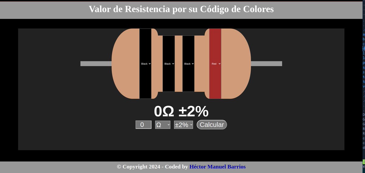 Tienes una resistencia y no sabes de que valor es, y el usar el multimetro se te hace tedioso, o simplemente quieres saber que colores corresponden a una resistencia de cierto valor, te presento mi Calculadora Web para Resistencias ⚡️
hector98.github.io/CodigoColoresR…