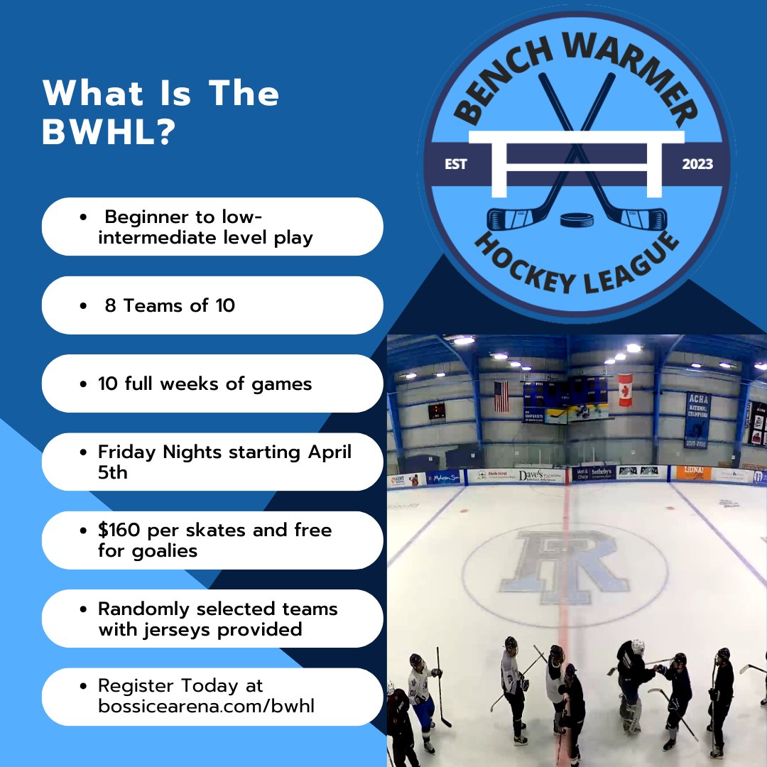 The Bench Warmer Hockey League is back and bigger than ever! We've expanded the league to now include more teams, so if you are a beginner hockey player in Southeastern New England, we'd love to have you this spring! Register today at bossicearena.com/bwhl!