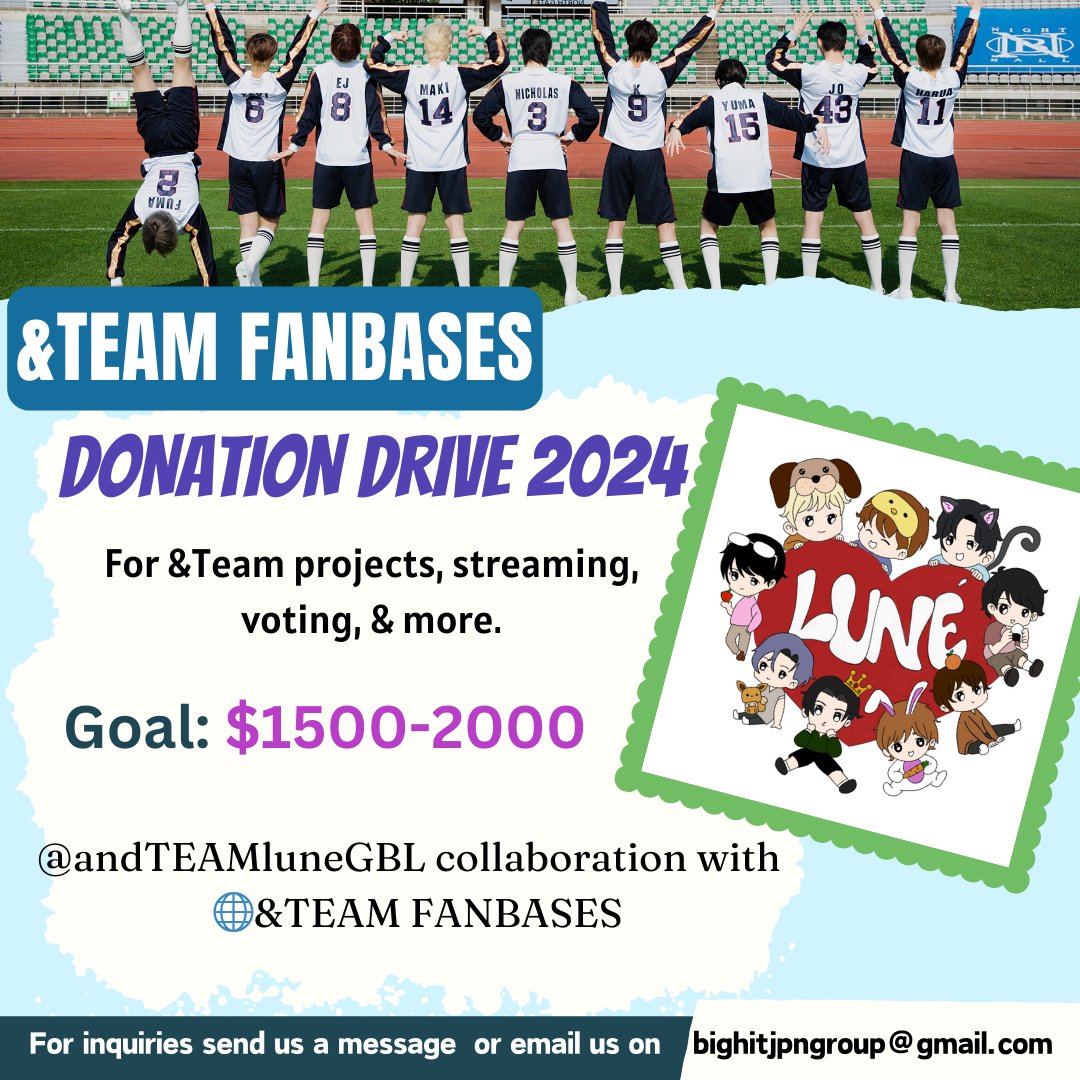 andTEAMluneGBL's tweet photo. 🌐 &TEAM FUND DRIVE 2024 
collaboration 🌐 &TEAM 
FAN BASES 

LUNÉ, WE LINK!

Knocking at your doors to support our &TEAM FUND DRIVE 2024.

Goal: $1500-$2000 

@andTEAMluneGBL  in collaboration with 🌐 &TEAM  fan bases fund drive for voting, streaming & other projects this year.

Kindly CLICK the attached sheet for transparency purposes & SCAN the QR code for your generosity.
https://t.co/CKenhM830l

We are sincerely grateful for your continuous & immense support for &TEAM. Your donations are highly appreciated & will be used according to its purpose.

#andTEAM #WE_LINK 
@andTEAMofficial 
@andTEAM_members