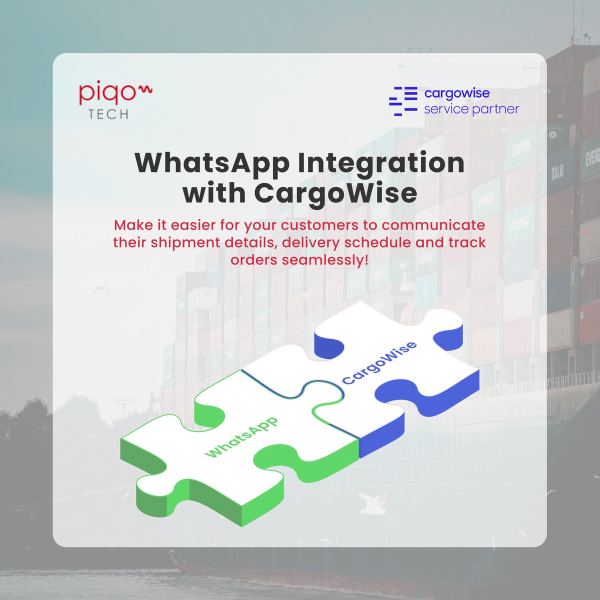 Introducing WhatsApp Integration with CargoWise by PiqoTech! Make it easier for your customers to communicate their shipment details and delivery schedule and track orders seamlessly.

#freightforwarders #freightforwarding #logistics #liner #supplychain #3pl #cargowise