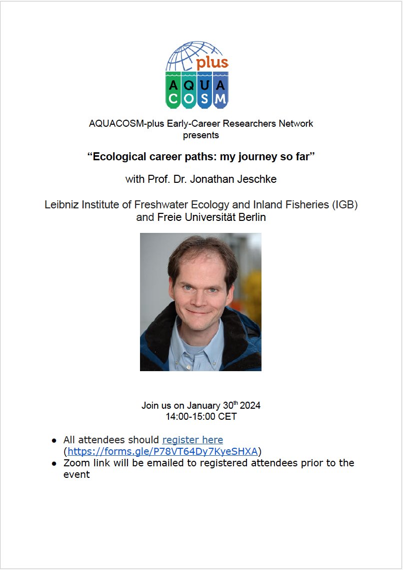 AQUACOSM ECR Network (@merge_ecr) on Twitter photo We will be hosting a free online workshop on January 30th 2024 (14:00-15:00 CET) led by Prof. Dr. Jonathan Jeschke! He is a Research Group Leader and the Head of the Department of Evolutionary and Integrative Ecology at <a href="/LeibnizIGB/">IGB Berlin (now on Bluesky)</a>.
✏️ Sign up here: forms.gle/P78VT64Dy7KyeS… We will be hosting a free online workshop on January 30th 2024 (14:00-15:00 CET) led by Prof. Dr. Jonathan Jeschke! He is a Research Group Leader and the Head of the Department of Evolutionary and Integrative Ecology at <a href="/LeibnizIGB/">IGB Berlin (now on Bluesky)</a>.
✏️ Sign up here: forms.gle/P78VT64Dy7KyeS…