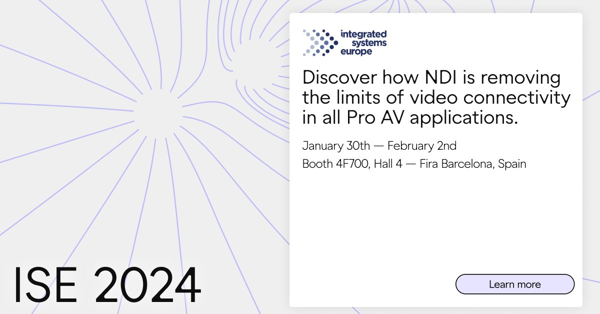 NDI at @ISE_Show 2024 ✈️ Join us between January 30th - February 2nd at #ISE2024 in Barcelona and discover the ease of use and implementation, seamless discoverability of NDI-enabled products, and cost-efficiency of NDI-based workflows. Learn more here: ndi.video/events/ise-202…
