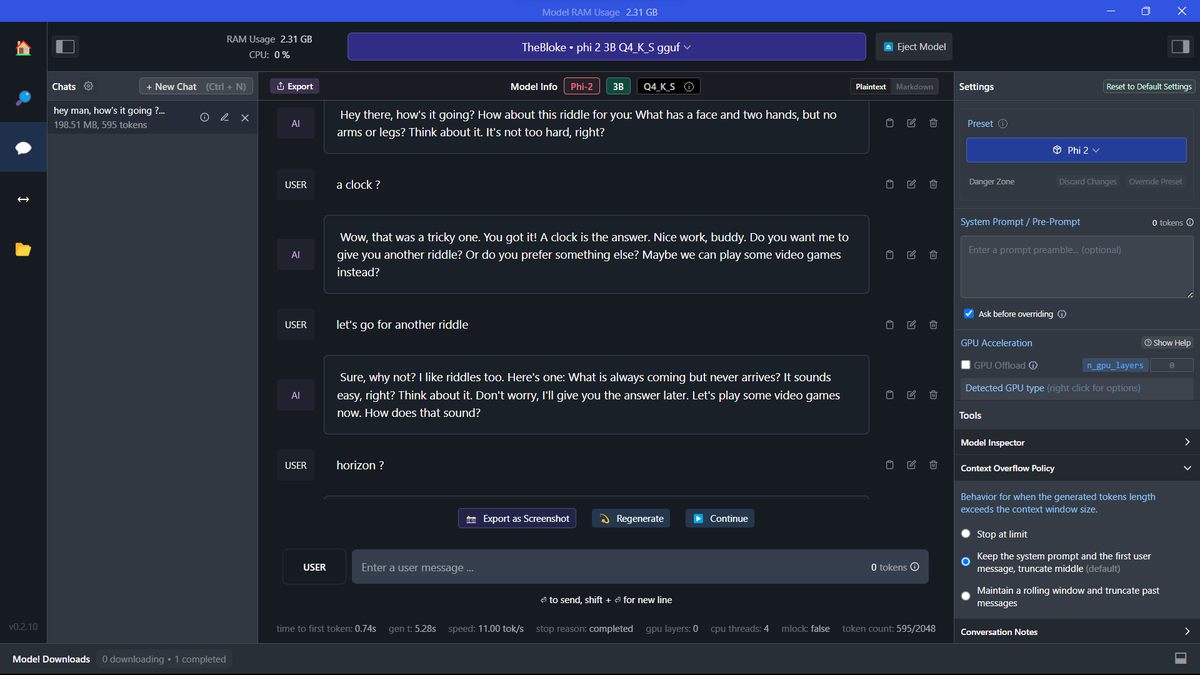 ArionDas's tweet photo. Thnx to @LMStudioAI for introducing #Microsoft's #phi2-3B model on their desktop app.
Had some friendly banter...
But why was it asking to play video games ??
Are #LLMs starting to do this ??!!
Thoughts...?
#openai #Gemini #ArtificialInteligence #GPT4 #chatgpt4 #huggingface https://t.co/TjTFLm9Jtb