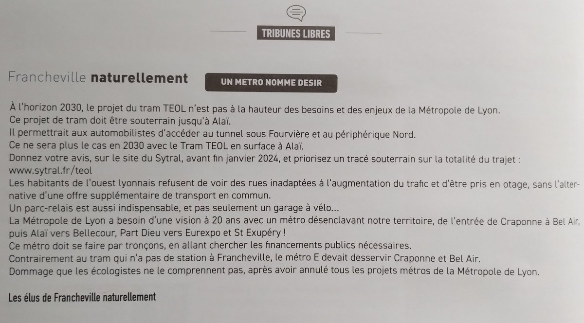 florian_bonet's tweet image. On lit beaucoup de choses et leur contraire dans cette tribune de @MonFrancheville sur #TEOL. On semble oublier que l&apos;objectif c&apos;est de faire du #reportmodal. Pas d&apos;empiler une nouvelle desserte de transports en commun en laissant inchangée la circulation 🚗 et ses nuisances.