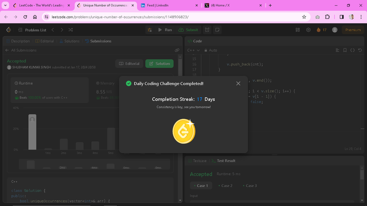 Solving daily problem (Day_17) on <a href="/LeetCode/">LeetCode</a>. Learning with fun and enjoying the journey of goal.

Q. 1207. Unique Number of Occurrences.

#leetcodechallenge #problemsolving #improvement
#LeetCode #CodingChallenge #NewSkills
#DailyChallenges #LearnInPublic