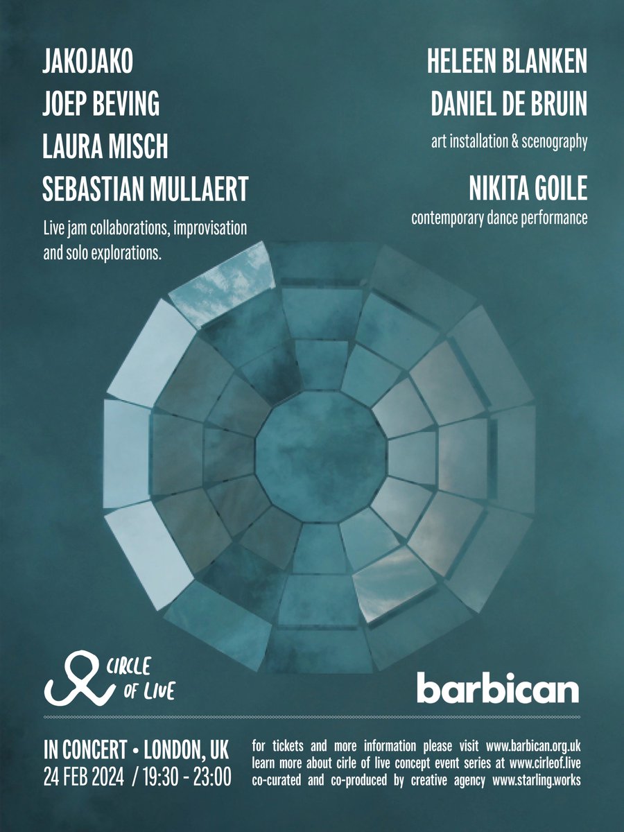 24.02.24 Barbican Centre x Circle Of Live
Music, kinetic sculpture, scenography, technology and contemporary dance courtesy of:

🎛️ Jako Jako
🎹 <a href="/joepbeving/">Joep Beving</a> 
🎷 <a href="/ellmisch/">Laura Misch</a> 
🎛️ <a href="/SebMullaert/">Sebastian Mullaert</a> 
👩‍🎨 @heleenblanken 
👨‍🔬 <a href="/DanieldeBruin/">Daniel de Bruin</a> 
🩰 Nikita Goile

Tickets: barbican.org.uk/whats-on/2024/…