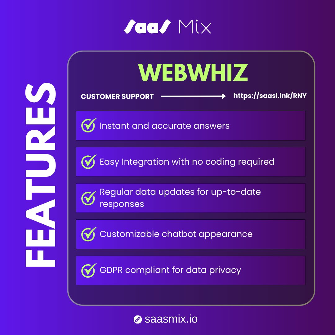 Revolutionize Your Customer Support with WebWhiz Custom ChatGPT for Your Website.

#ChatGPT #WebWhiz #CustomerSupport #Website #GPT #SaaSMix