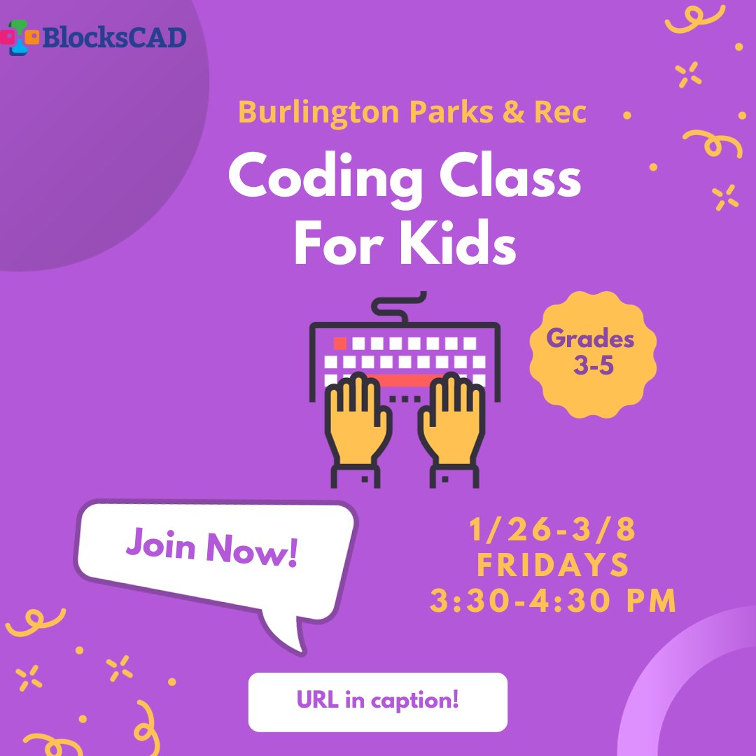 Interested in BlocksCAD? Burlington Parks &amp; Rec is running a 6-week long Intro BlocksCAD course from 1/26-3/8 (skipping 2/23). Each child will receive one FREE 3D print from us! Sign up here: maburlingtonweb.myvscloud.com/webtrac/web/it…