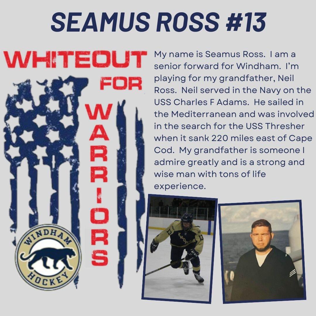 The Whiteout for Warriors game is January 20. All Londonderry and Windham players will wear a customized jersey honoring a veteran of their choice. Today we have Windham senior Seamus Ross. #highschoolhockey #military #militaryappreciation