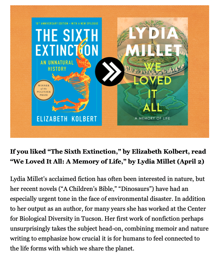 The Washington Post's 2024 book preview directs fans of @ElizKolbert's Pulitzer Prize-winning SIXTH EXTINCTION to read Lydia Millet's WE LOVED IT ALL, her first nonfiction book. washingtonpost.com/books/interact… Learn more about WE LOVED IT ALL, in stores April 2: wwnorton.com/books/we-loved…