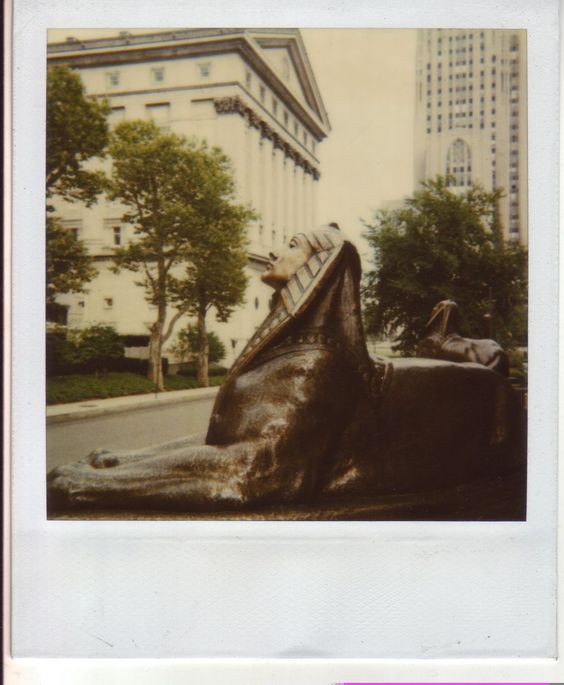 simplesue's tweet image. old Polaroid photo of the two Sphinxes at Syria Mosque on the Lytton Ave. side of the building in Oakland, Pittsburgh- before it was torn down. Lytton Ave.