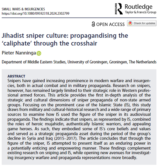 pieternanninga's tweet photo. New article out on a longstanding fascination of mine: IS's sniper videos! 'Jihadist sniper culture: propagandising the "caliphate" through the crosshair.' #openaccess in Small Wars & Insurgencies: https://t.co/cNWcPyKqYI https://t.co/2MEhsC1mZj