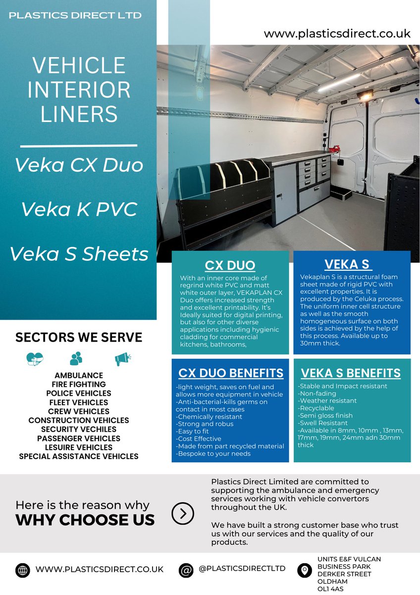 PlasticsDirect's tweet image. We supply an alternative to GRP vehicle interior liners to various sectors we supply Veka CX Duo, Vekaplan S and Veka K PVC sheets.
Semi Gloss finish, Lightweight, Anti-Bacterial, Chemical Resistant, Easy to cut, Easy to fit, Cost Effective, Clinical Finish.
Availble from stock