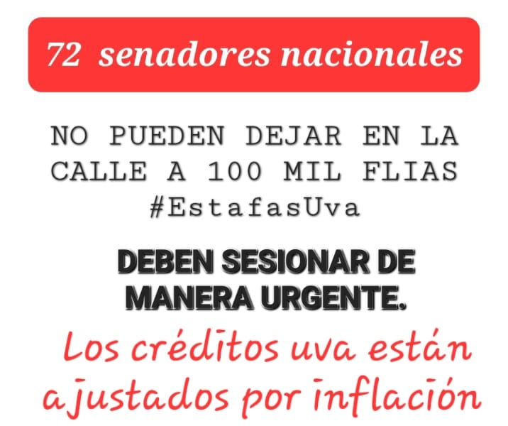 #PFUVA #HipotecasUVA Somos FAMILIAS desesperadas .@DitullioJuli .<a href="/JMilei/">Javier Milei</a> .<a href="/ljuez/">Luis Juez</a> .<a href="/VickyVillarruel/">Victoria Villarruel</a> .<a href="/LuisCaputoAR/">totocaputo</a> <a href="/SenadoArgentina/">Senado Argentina</a> <a href="/CasaRosada/">Casa Rosada</a>
<a href="/JMilei/">Javier Milei</a> <a href="/ljuez/">Luis Juez</a> <a href="/PaoltroniF/">Francisco Paoltroni</a>
<a href="/AbdalaBartolome/">BartoloméAbdala</a> <a href="/C5N/">C5N</a>
<a href="/LuisCaputoAR/">totocaputo</a> <a href="/flaviofamaok/">Flavio Sergio Fama</a>
<a href="/BancoCentral_AR/">BCRA</a>
<a href="/VZimmermannOK/">Víctor Zimmermann</a> <a href="/carmenAlvarezR/">Carmen Álvarez Rivero</a> <a href="/ljuez/">Luis Juez</a>