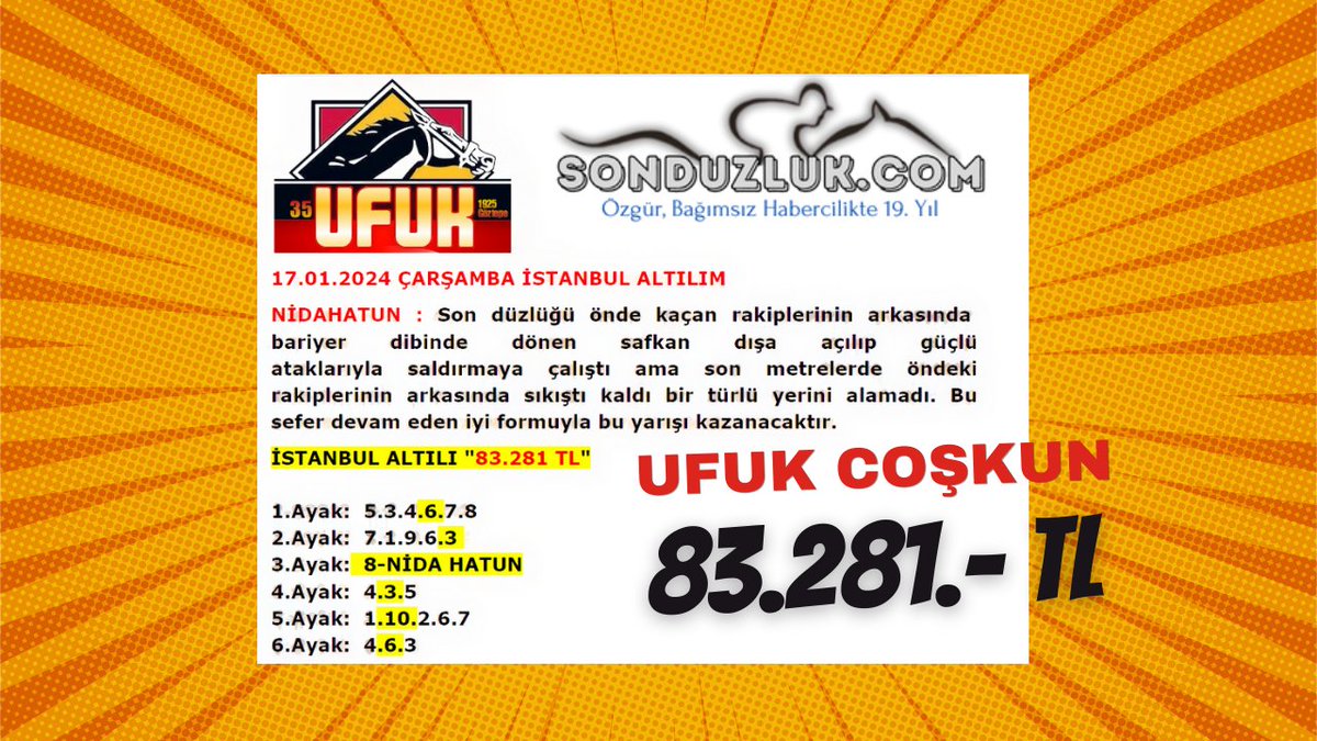 İstanbul Altılısındaki başarısından dolayı sitemiz yazarı Ufuk Coşkun'u @35ufuk1925 Tebrik ediyoruz... Para verip nasihat aldıklarınızdan değiliz, 19 yıldır tamamen ücretsiz sizler için her gün tahminlerimizi paylaşıyoruz. Yarışseverin ekürisi sonduzluk.com