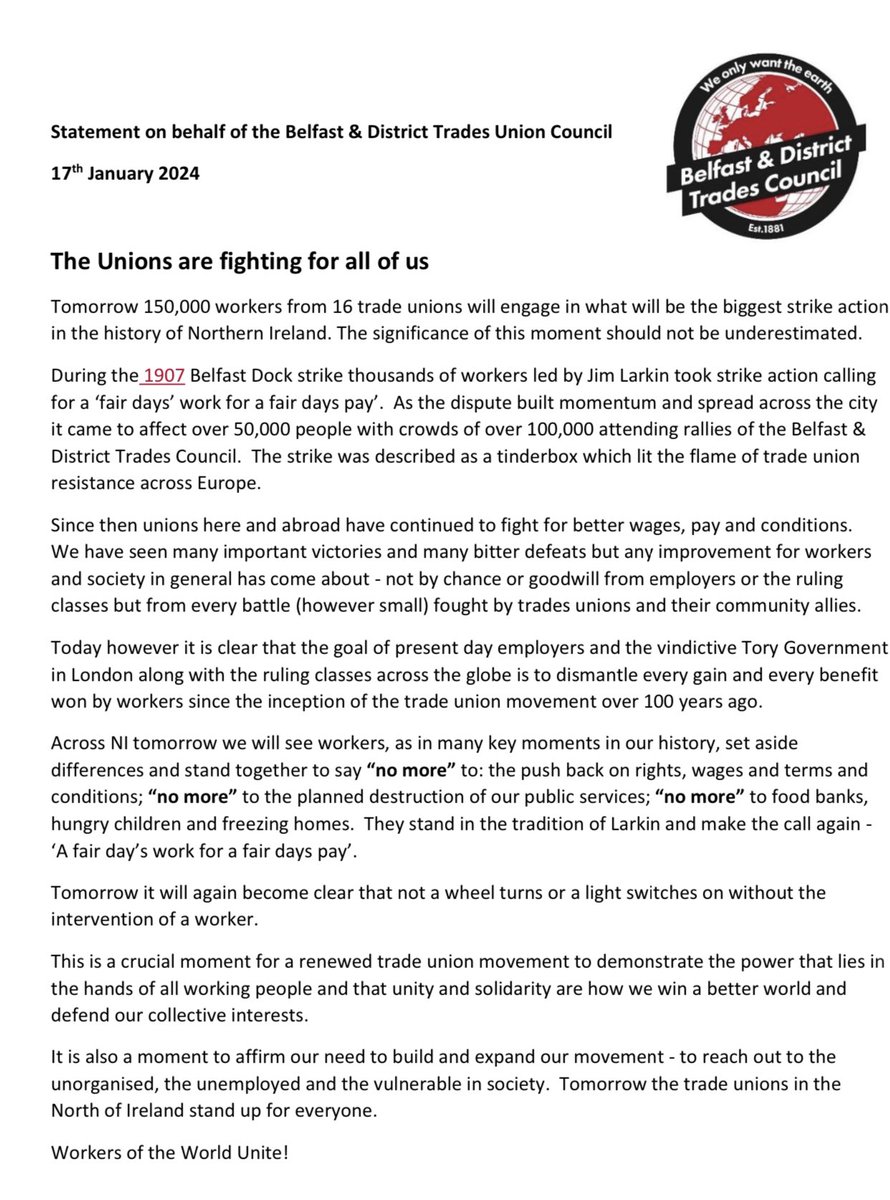 BelfastTradesCouncil (@bdtuc) on Twitter photo Statement from Belfast & District Trades Council on the eve of Northern Irelandās biggest ever strike action. āThe Unions are fighting for all of usā. āļø <a href="/NIC_ICTU/">NIC ICTU</a> <a href="/ucuatqub/">UCU at Queen's</a> <a href="/UCU_Ulster/">UCU Ulster</a> <a href="/GMBNI/">GMB Northern Ireland</a> <a href="/UNISONNI/">UNISON NI</a> <a href="/leftgayle/">Gayle Matthews</a> <a href="/ReclaimAgenda/">Reclaim the Agenda</a> <a href="/williamcrawley/">William Crawley</a> <a href="/SJAMcBride/">Sam McBride</a> <a href="/Setanta64/">Paddy Mackel</a> <a href="/nipsa/">NIPSA</a> Statement from Belfast & District Trades Council on the eve of Northern Irelandās biggest ever strike action. āThe Unions are fighting for all of usā. āļø <a href="/NIC_ICTU/">NIC ICTU</a> <a href="/ucuatqub/">UCU at Queen's</a> <a href="/UCU_Ulster/">UCU Ulster</a> <a href="/GMBNI/">GMB Northern Ireland</a> <a href="/UNISONNI/">UNISON NI</a> <a href="/leftgayle/">Gayle Matthews</a> <a href="/ReclaimAgenda/">Reclaim the Agenda</a> <a href="/williamcrawley/">William Crawley</a> <a href="/SJAMcBride/">Sam McBride</a> <a href="/Setanta64/">Paddy Mackel</a> <a href="/nipsa/">NIPSA</a>
