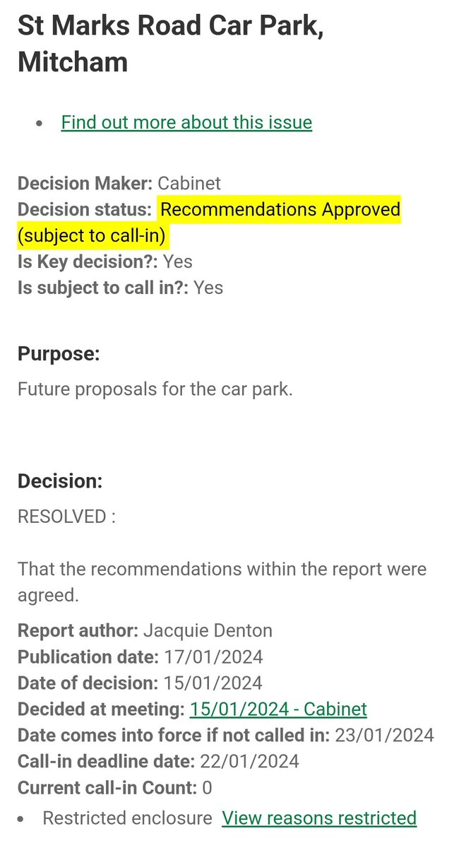 The Decision has been published this afternoon starting the clock ticking?

I wonder if the papers have been shared with opposition councillors yet to allow them to scrutinize the secret plan excluding the community. @MertonLibDems @MertonTories @EdwardFoley #RediscoverMitcham